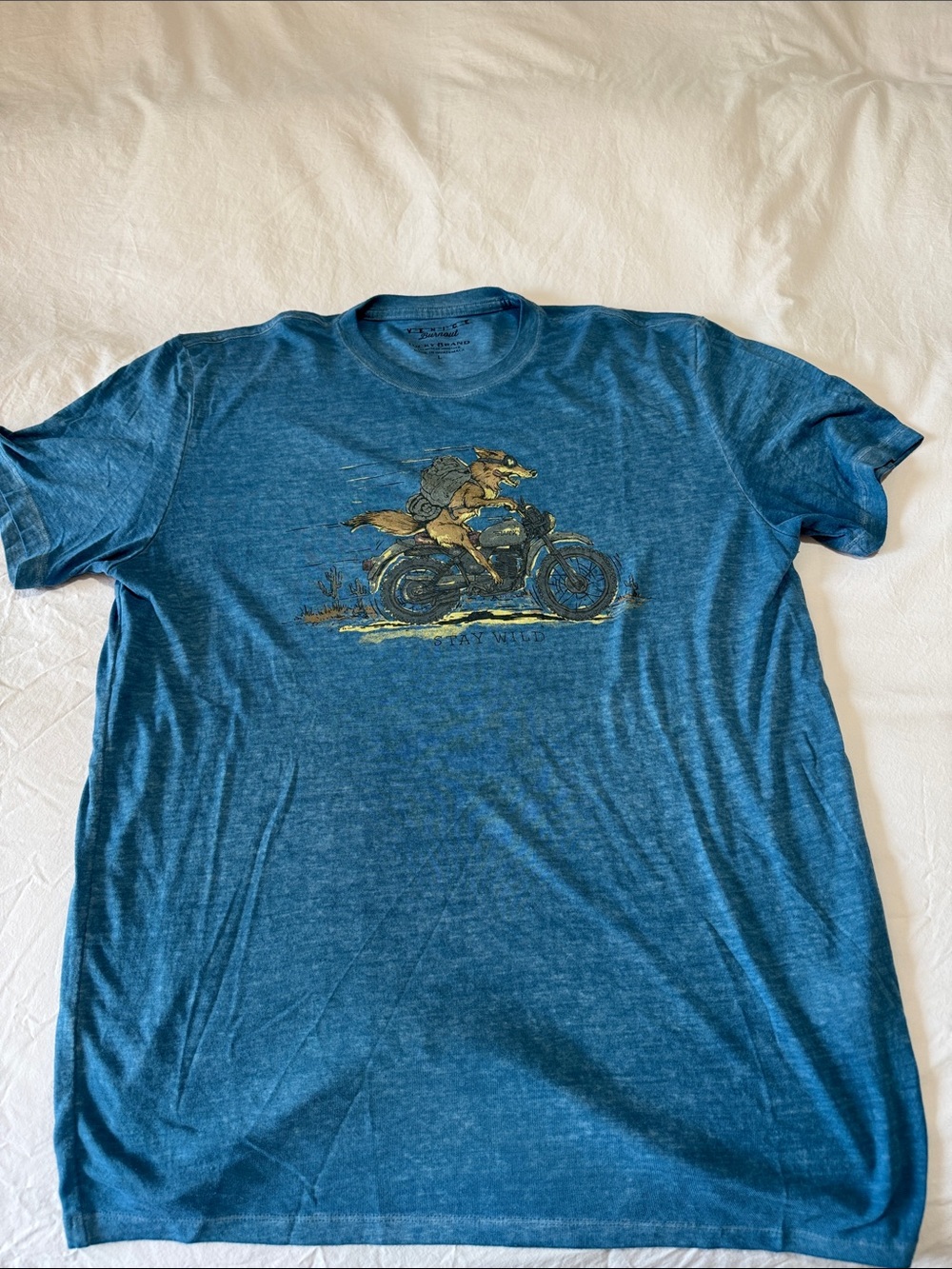 Men's Blue Graphic Tee with Motorcycle Fox Coyote Design Men’s Large